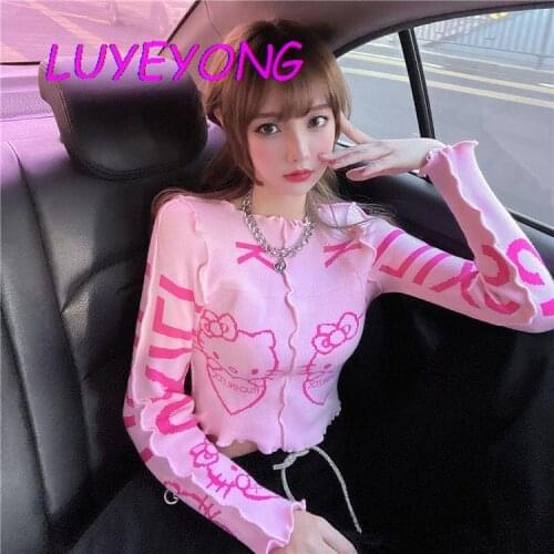 Korean Fashion Y2k Lovely Cartoon Letter Knitted Top Sweet Full Sleeve Pullover Sweaters Pink Kawaii Girl Short Length Sweater