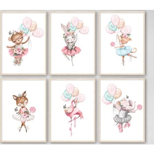 Rabbit Elephant Deer Bear Ballet Wall Art Canvas Painting Nordic Posters And Prints Cartoon Wall Pictures Baby Girl Room Decor