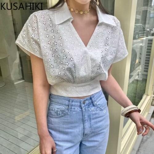 KUSAHIKI Womens Tops Korean Hollow-out Lace Shirt Short Sleeve Turn-down Collar Blouse 2021 Summer New Slim Short Blusas 6K159