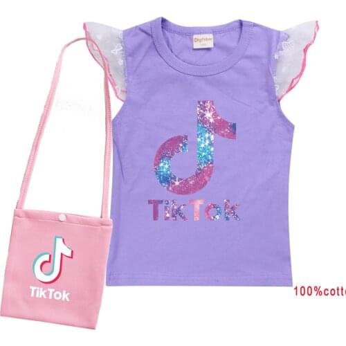 TIK TOK Summer Girls Fashion Shirt Flying Sleeve T-Shirt + Pack Casual Cotton Garments