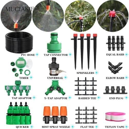 MUCIAKIE Garden 1/4" Hose Drip Irrigation Automatic Watering Kit Mist Spray Cooling System With Adjustable Dripper Controller