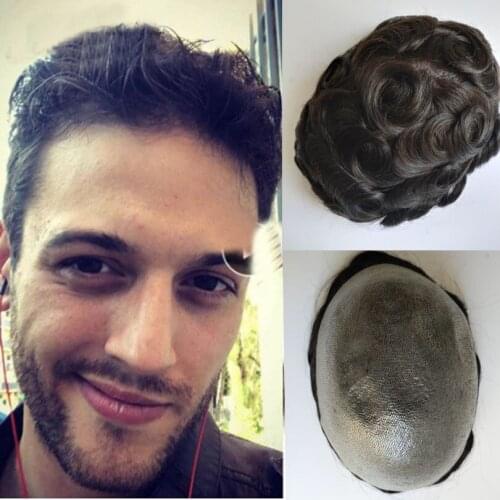 Natural Black Men Hair System With Human Remy Hair Pieces Full PU Thin Skin Base Toupee With Various Colors