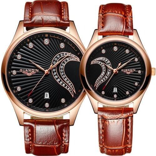 One Pair Newest Couple Watch GUANQIN Couple Wrist Watch Hardlex Quartz Casual Waterproof Lovers Watch Leather Strap Clock