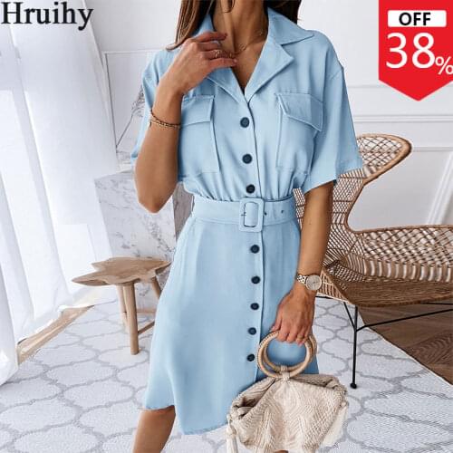 Elegant Dress Short Sleeve Single Button Design Fashion Solid Dress Woman Casual Turn-down Collar Pockets Office Lady Dresses