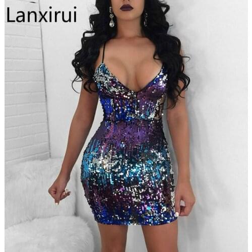 Sexy Women Multicolor Sequin Mini Dress New Arrival Spaghetti Stripe Backless Party Club Bodycon Dress