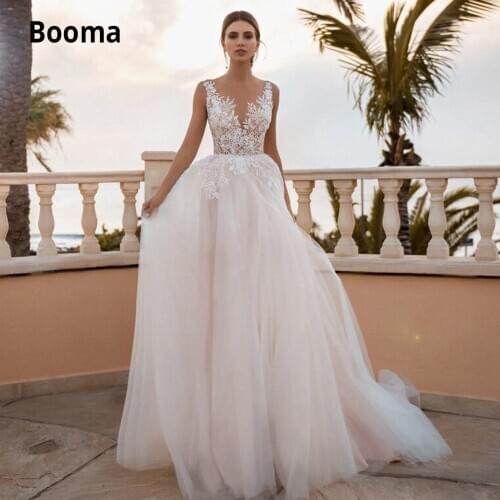 Booma A-line Wedding Dresses Lace Appliqued Tulle Bohemian Bridal Gowns Sleeveless Beach Wedding Gown Princess Party Dress