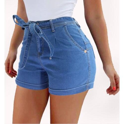 Light Blue Jean Shorts for Women Summer Fashion Bowknot Sashes High Waist Booty Shorts Feminino Sexy Tight Short Jeans Hotpants