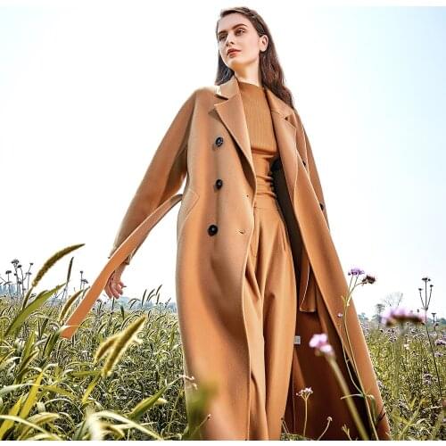 VOA Double-sided 14.75 Micron Small Cashmere Barge Collar with Shoulder Long-sleeved Double-row Twisting Bag Strap Coat S750