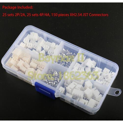 XH2.54 Pitch 25 sets 2P, 25 sets 4P Terminals Kit Housing and Pin Header with 150 pieces JST Terminals