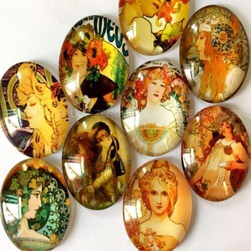 ZEROUP 2 Sizes Oval Glass Cabochon Oil Painting Pictures Mixed Pattern Fit Base Setting for Jewelry Embellishment Flatback
