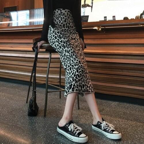 2021 Spring New Women‘s Long Slit Knitted Leopard Sexy Skirt High Waist Europe and America Chic Club Wear