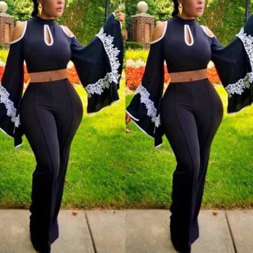 Women Black Sets Blouse Tops and Pants Two Pieces Sets Flare Sleeve Short Hollow Out High Waist Trousers Sexy Night Club Sets