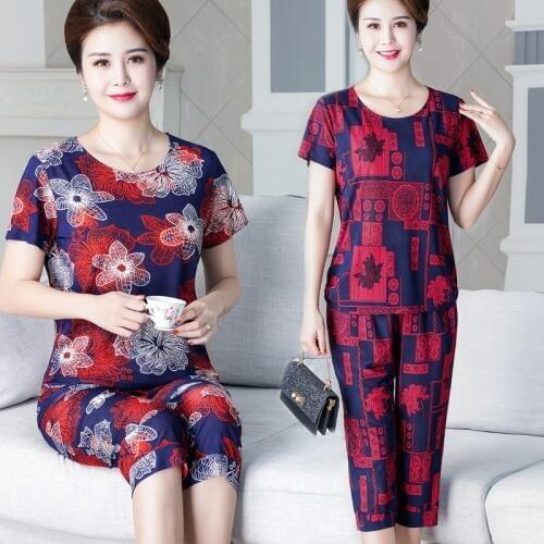 2021 Summer Sporting Two Piece Set Womens Printed Short Sleeve T-shirt & Pants Sets Middle-aged Large Size Loose Tracksuit Suits