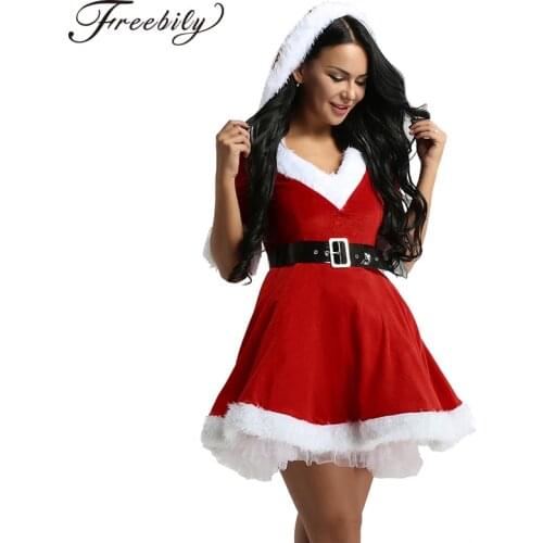 Women Velvet V Neck Hooded Christmas Dress Winter Santa Mrs Claus Costume Fancy Dress Sexy Cosplay Costume Party Dress with Belt