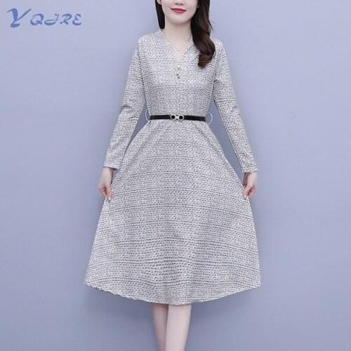 YQJRE New Fashion Womens Waist Printed V-neck Long Sleeve Mid-Waist Autumn Dress