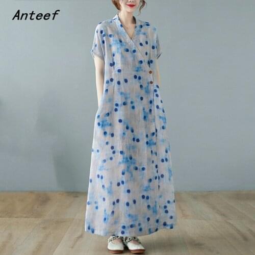 Anteef short sleeve cotton linen vintage Polka Dot dresses for women casual loose long woman summer wrap dress elegant 2021