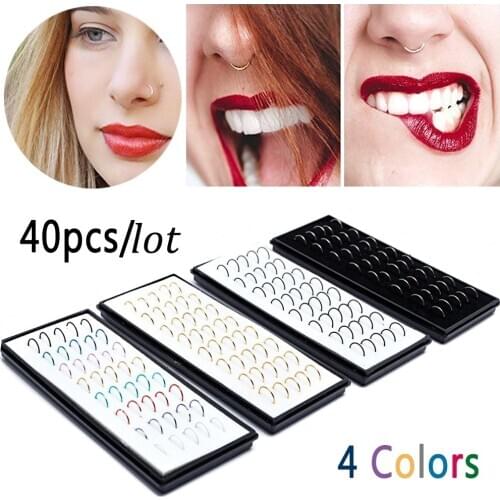 40pcs/lot 8x0.5mm Colorful Stainless Steel Fashion Nose Hoop Nose Ring Stud Body Piercing Jewelry Punk Style Fit For cool style