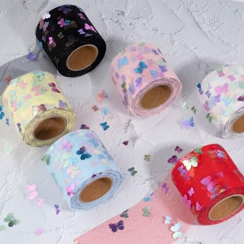 6cm 25Yards Colorful Butterfly Printed Tulle Organza Mesh Fabric DIY Handmade Ribbon Baby Girl Dress Skirt Headband Supplies