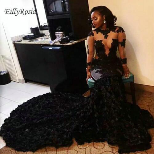 Mermaid Black Evening Dresses with Illusion Long Sleeves Sexy See Through Flower Lace Appliques Black Girl Prom Dress Party Gown