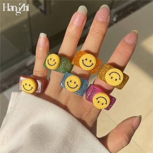 HANGZHI 2021 Resin Acrylic Yellow Smiley Colorful Shining Square Rings Minimalist for Women Girls Summer Party Jewelry Gift