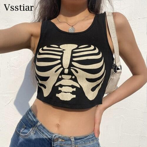 Vsstiar Cotton Sleeveless Tank Top Black O Neck Casual Basic T-Shirt Streetwear New Fashion Printting Skinny Women Summer Crop
