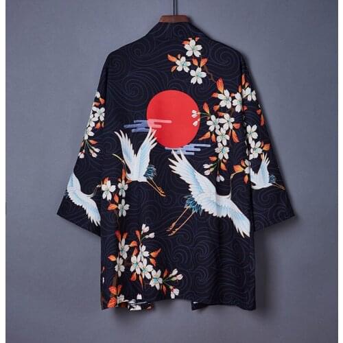 Japanese Summer Streetwear Kimono Tops Women Men Black Wave Crane Printed Kimono Casual Loose Short Sleeves Fashion Cardigan
