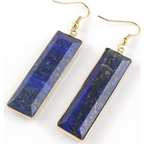 Lapis Lazuli Light Yellow Gold Color Rectangle Shape Dangle Earrings Green Turquoises Stone Long Jewelry