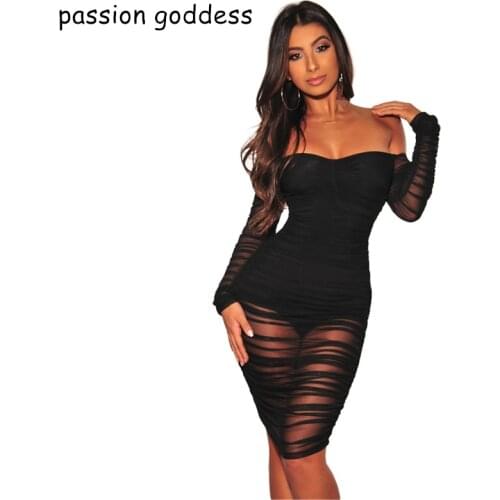 Summer Black Sexy See Through Mesh Mini Bodycon Dress Pleated Women Slash Neck Full Sleeve Off The Shoulder Club Party Dresses