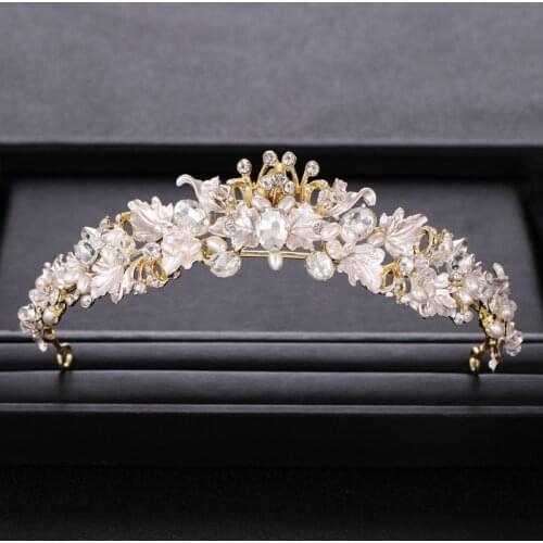 Trendy Rhinestone Pearl Crystal Crown Tiara Headband Flower Bride Hair Accessories Gold Crown Bridal Wedding Crown Hair Jewelry