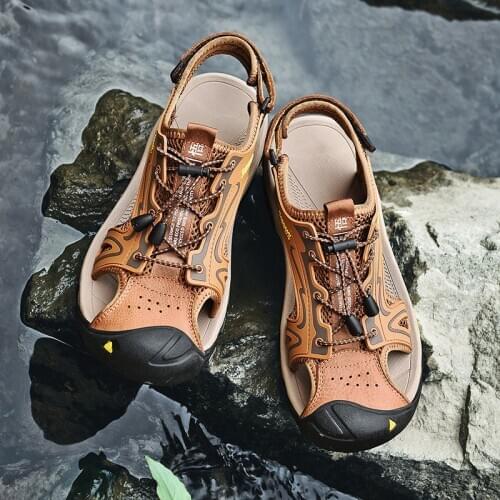 2020 new summer men 39s hollow breathable casual walking leather sandals rubber outdoor sandalia masculina praia couro adulto