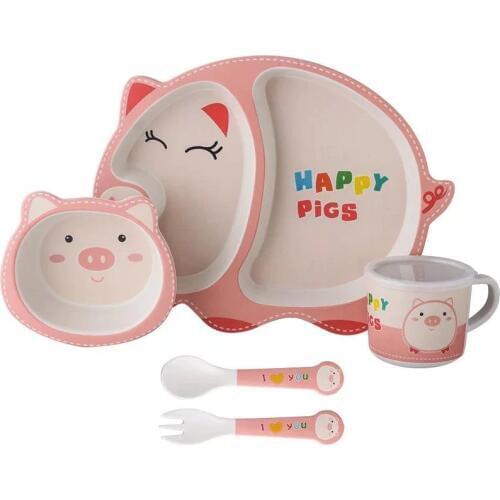 Bamboo Fiber Five Piece Cutlery Set for Children Cartoon Pink Dinner Plates Bowel Cup Spoon Fork Tableware Sets Plate Sets