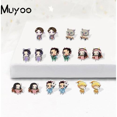 2021 New Kawaii Cartoon Anime Demon Slayer Characters Cosplay Handcraft Acrylic Epoxy Resin Stud Earrings