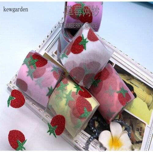 Kewgarden Print Fruit Strawberry Voile Ribbon 7.5cm 75mm Handmade Tape DIY Hairbow Accessories Riband Wholoesale 25 Yards