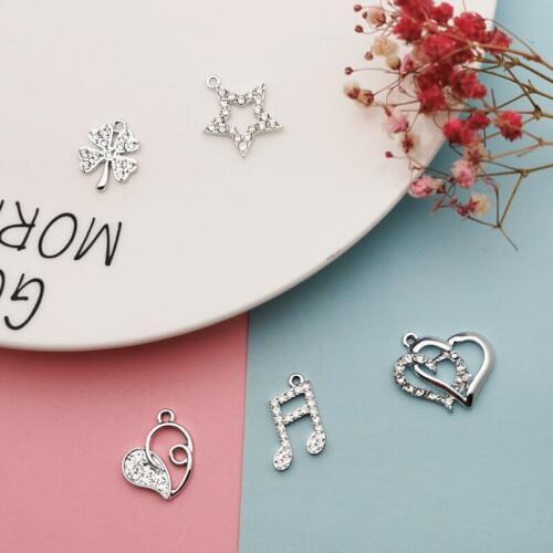 10pcs Rhinestone Star Heart Clover Charms Pendant Silver Base Shinny Metal Charms Fit DIY Jewelry Earrings Hair Accessory FX421