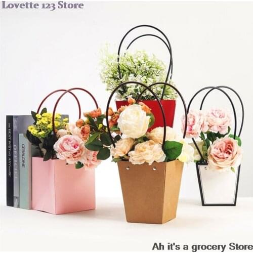 Portable Flower Box Waterproof Paper Handbag Gift Packaging Bag Florist Handy Flower Bags Wedding Party Favor Rose Storage Boxes