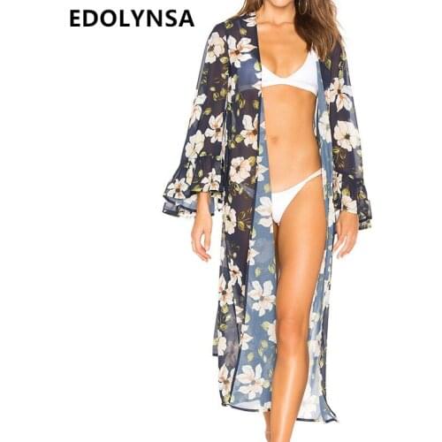 Boho Floral Print Chiffon Wrap Dress Sexy Deep V-neck Long Sleeve Belted Translucent Midi Dress Summer Tunic Beach Wear N570