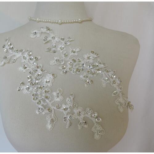 Ivory Beaded Lace Applique, Pearl Lace Applique With Sequins, Wedding Lace Applique DIY Lace Accessories Sell By One Pair