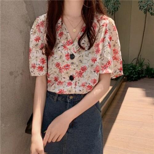 Top Femme Womens Summer Turndown Collar Single Breasted Floral Flowers Fashion Chiffon Shirt Short-sleeved Thin Top Blouses