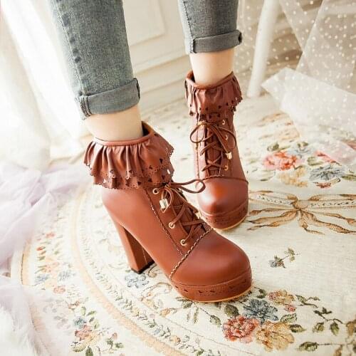 Japanese sweet lady student high heel lace short boots Cosplay Princess Laurie baby big girl
