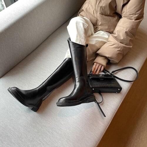 2021 Trends Chelsea Boots Back Zipper Genuine Leather Knee High Boots for Women Fashion Wedding Working Tight High Boots