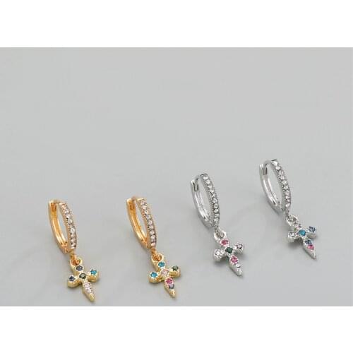 1Pair New Vintage Colorful Zircon Cross Hoop Earrings For Women European Punk Fashion Shiny Geometric Small Ear Stud Jewelry