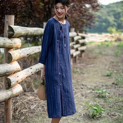 SCUWLINEN 2020 Spring Autumn Dress Women Casual Solid O-neck Long-sleeve Loose Linen Cotton Dress Plus Size Long Robe S1003