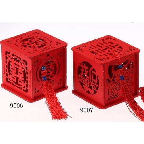 200pcs/lot Wood Chinese Double Happiness Wedding Favor Boxes Candy Box Chinese Red Classical Sugar Case With Tassel SN1744