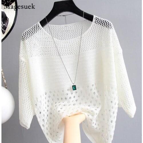 2021 Spring Summer Ice Silk Knitted Shirt Loose Tops Vest Bottoming Hollow Out White Blouse Thin Streetwear Women Clothing 13686