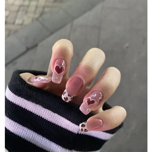 24pcs false nails with designs Love Heart Print Nail Patch Glue Type Removable Long Paragraph Fashion Manicure False Nail Patch