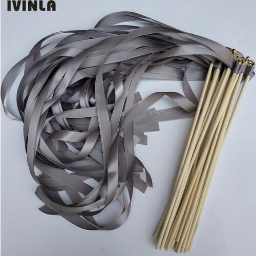 50pcs/lot grey wedding ribbon wands with sliver bell for wedding decoration