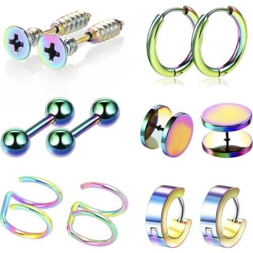 6 Pairs Punk Barbell Stainless Steel Piercing Earrings Circle Ear Stud Ear Clip Combination Set Titanium Steel Earring