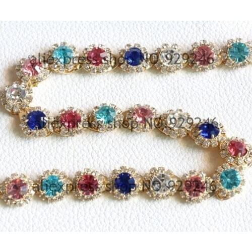 Free shipping 1 yard/pack sapphire blue rose pink purple colorful sunflower crystal rhinestone gold chain sewing garment trims