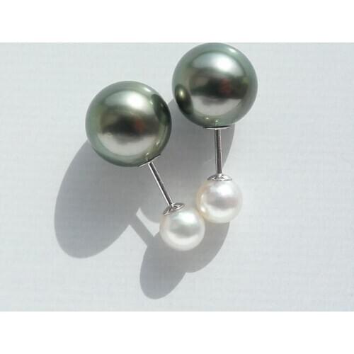 Free Shipping Multicolor Real Tahitian Akoya Double Sided Pearl Stud Earrings 18K White Gold