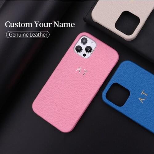 Personalization Initial Name Luxury Genuine Leather Custom Phone Case For iPhone 12 11 Pro X XR XS Max 7 8 Plus DIY Phone Cover